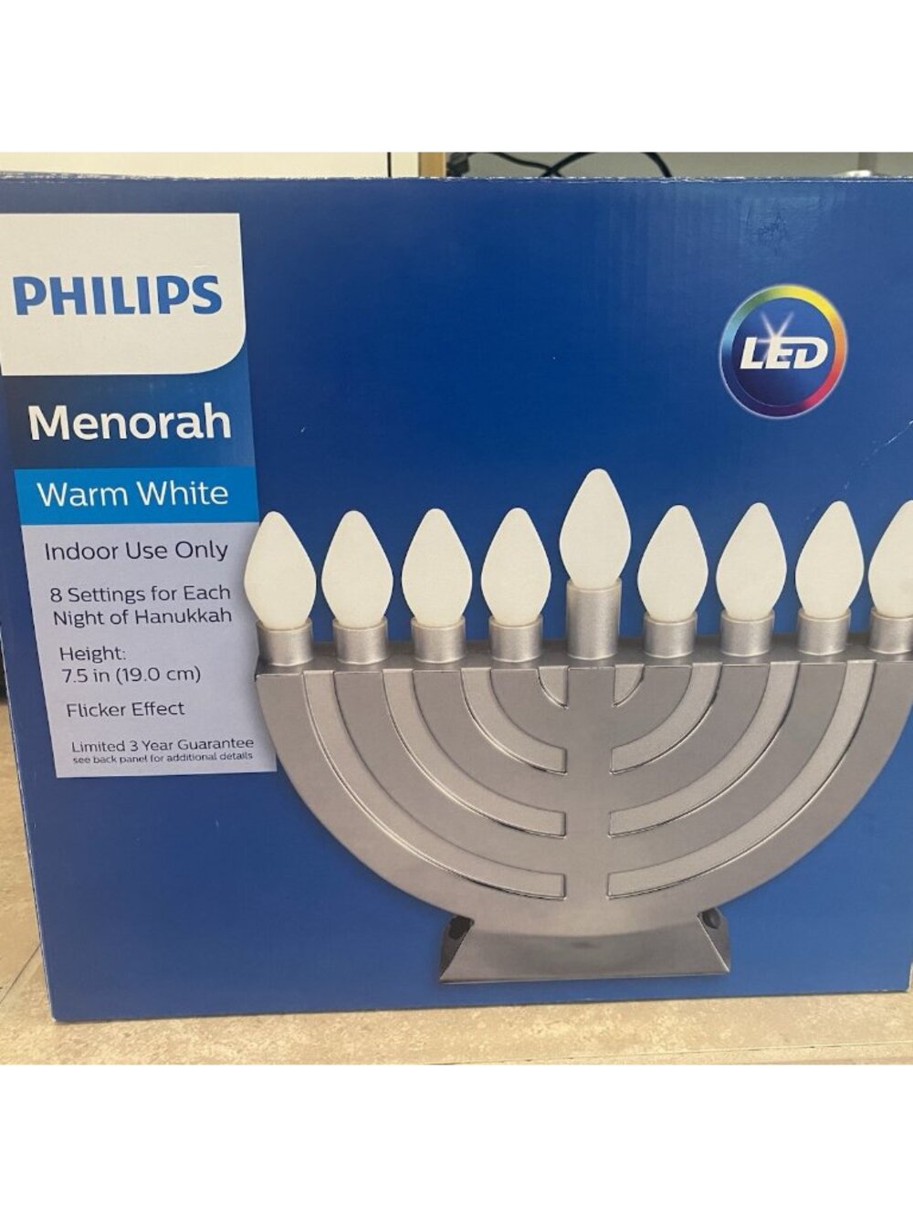 New Philips MENORAH Warm White LED Flicker Effect 8 settings Hanukkah Light
